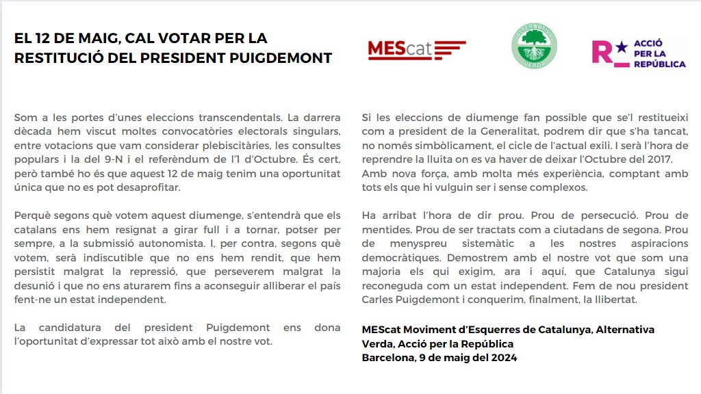 Comunicat conjunt MEScat, AxR, AV. Eleccions 12M